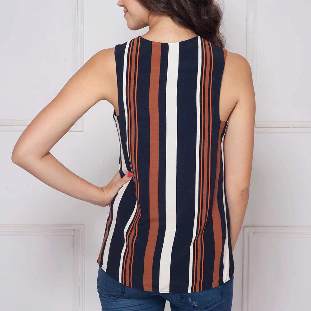 TopShop Draped Sleeveless Striped Navy/Camel Top - Picture 4 of 8
